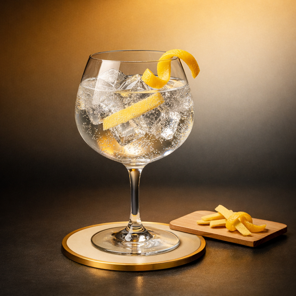 Adamus Organic Dry Gin served with East Imperial Burma Tonic Water, garnished with thin strip of fresh ginger and twist of lemon peel