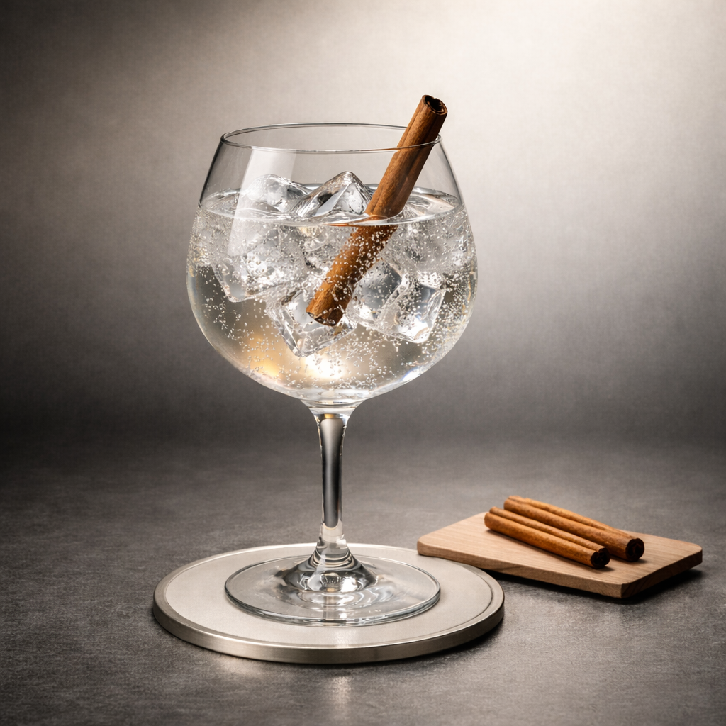 Adamus Organic Dry Gin Signature Edition served with East Imperial Burma Tonic Water, garnished with lightly singed cinnamon stick