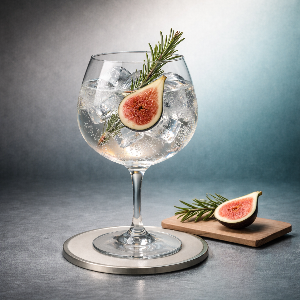Akko Wild Gin of Galilee servi avec Thomas Henry Botanical Tonic, agrémenté de lightly singed rosemary sprig et thin slice of fig