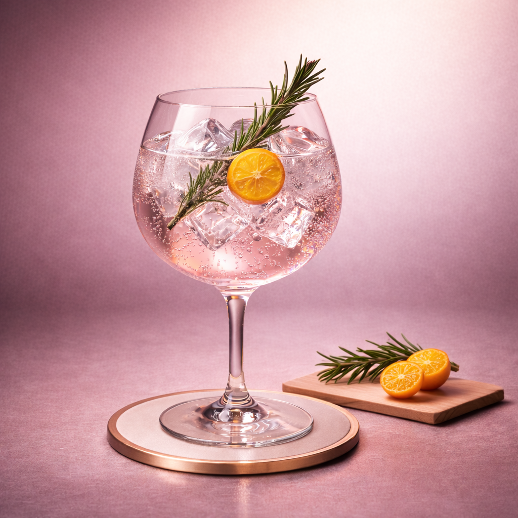 Akori Cherry Blossom Gin servi avec Thomas Henry Cherry Blossom Tonic, agrémenté de Thin slice of kumquat et Lightly singed rosemary sprig