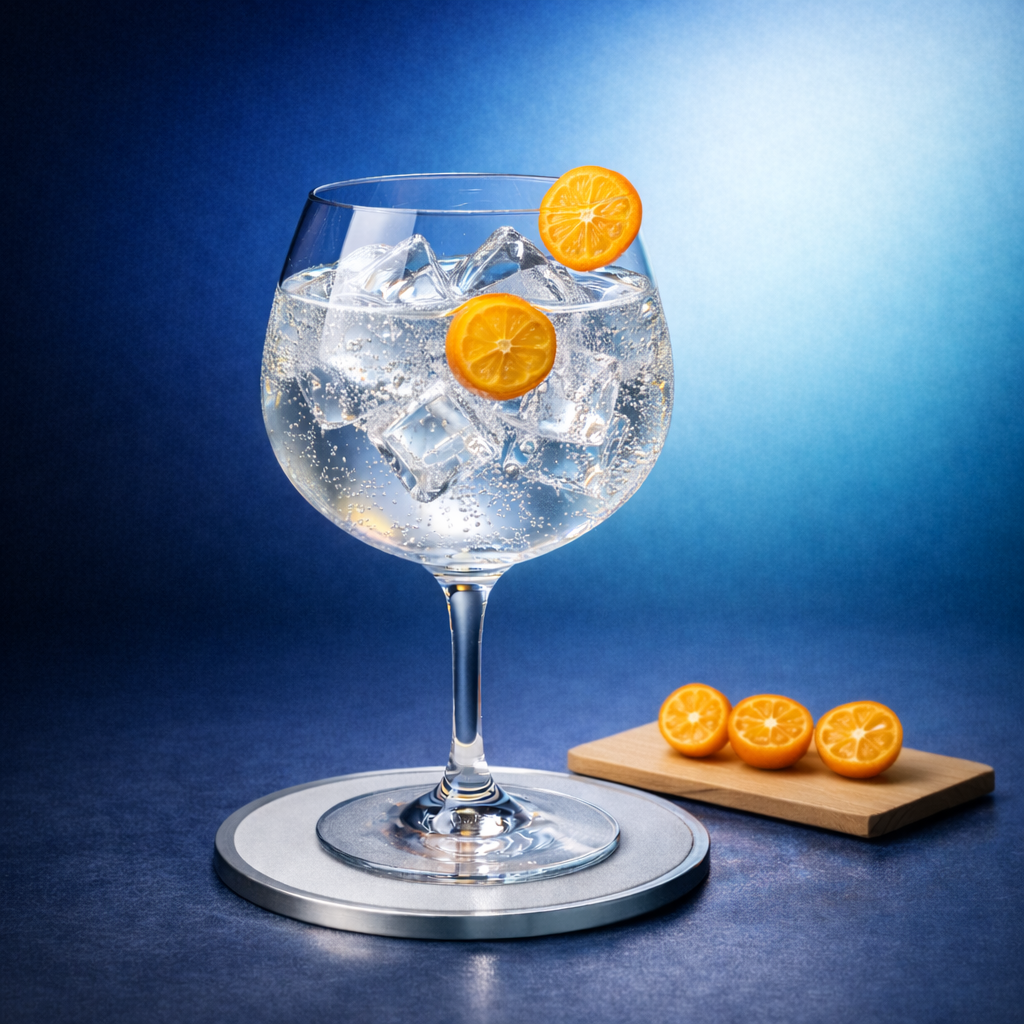 Akori Premium Gin servi avec Fever-Tree Mediterranean Tonic Water, agrémenté de thin slice of kumquat