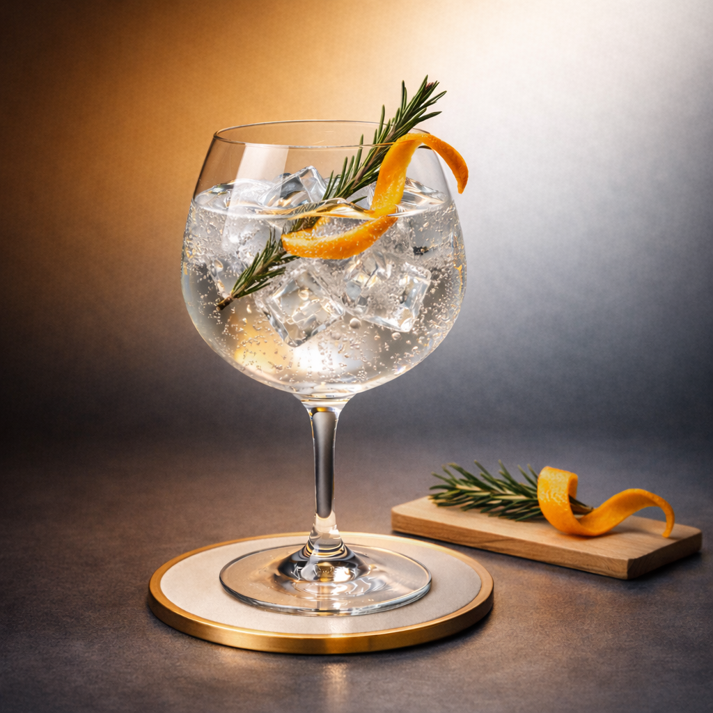 Alkkemist Gin servi avec Fever-Tree Mediterranean Tonic Water, agrémenté de lightly singed rosemary sprig et thin slice of orange peel