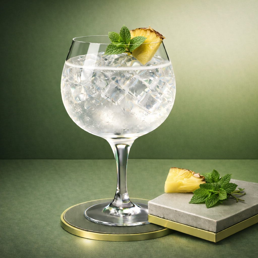LièGin Jungle served with Schweppes Tonic Water, garnished with Fresh mint sprig, lightly slapped and Thin slice of pineapple