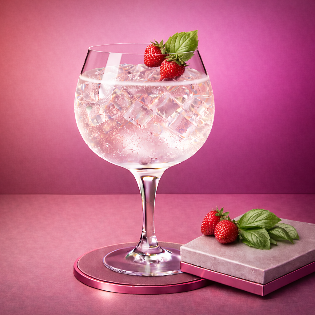 LièGin Summer servi avec Schweppes Premium Mixer Pink Pepper Tonic, agrémenté de Fresh wild strawberry et Fresh basil leaf