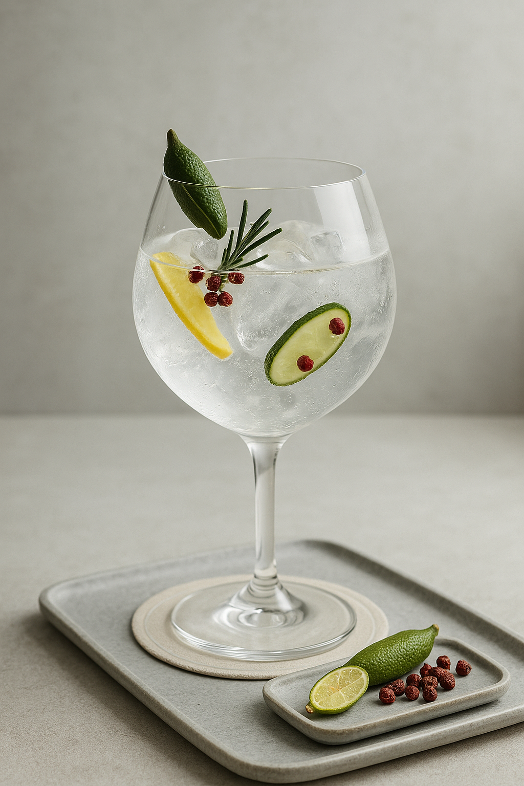 Amuerte Coca Leaf Gin - White Edition servi avec Thomas Henry Tonic Water, agrémenté de Finger Lime et Szechuan Pepper Berries