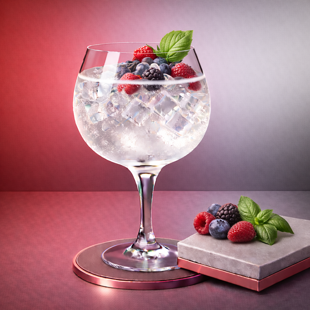 LièGin Standard de Liège served with Fever-Tree Mediterranean Tonic Water, garnished with Fresh or frozen mixed berries and Fresh basil leaf