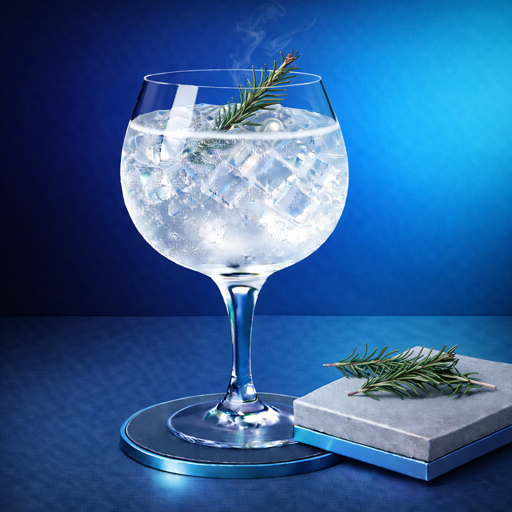 LièGin Mer du Nord BIO served with Fever-Tree Mediterranean Tonic Water, garnished with Lightly singed rosemary sprig