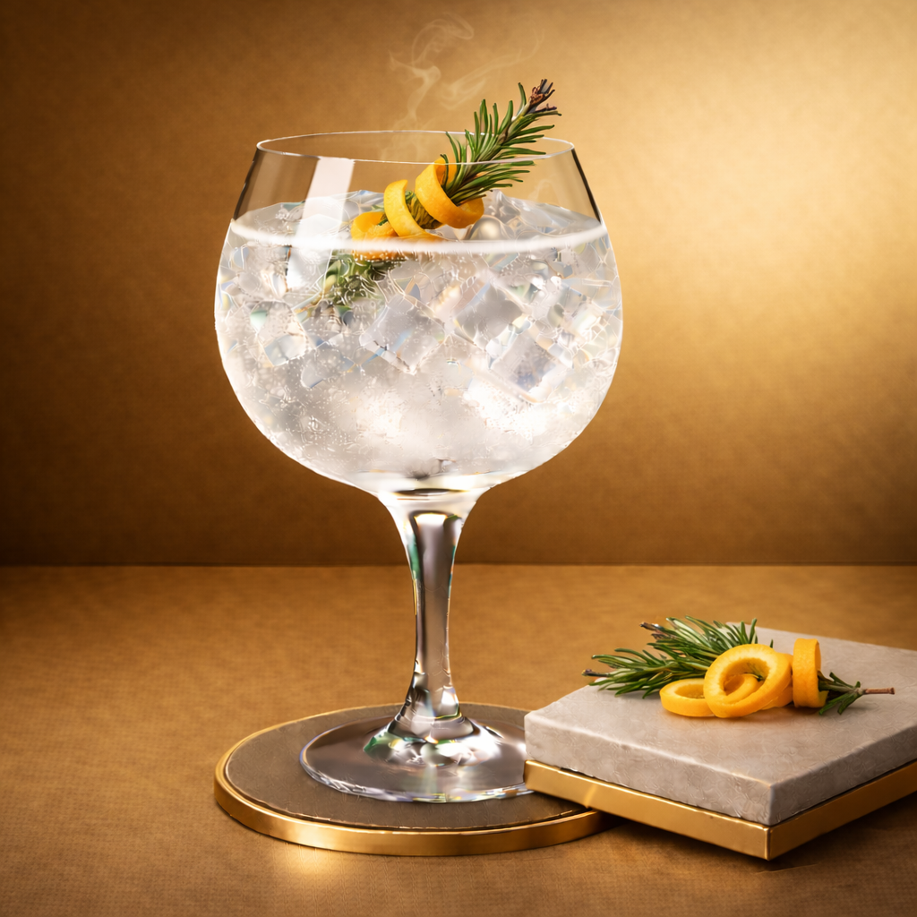 2934 Gin Aged Barrel Édition Limitée served with Fever-Tree Mediterranean Tonic Water, garnished with Lightly singed rosemary sprig and Thin twist of orange peel