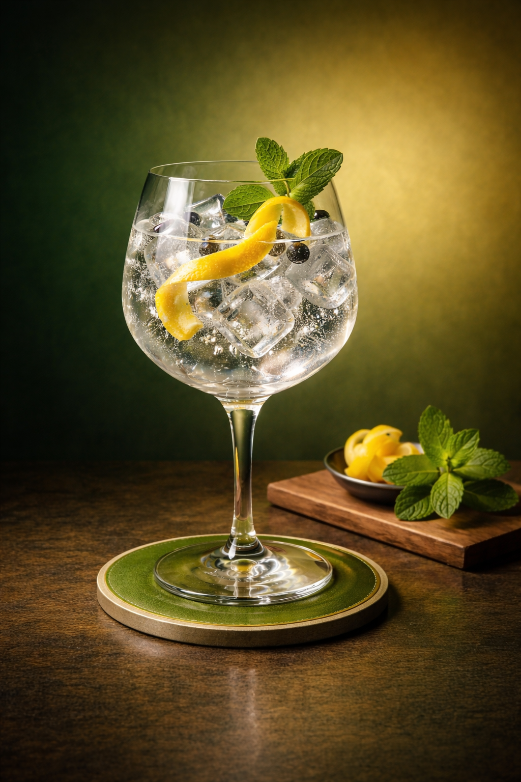 Xoriguer Mahon Gin Canet served with Schweppes 1783 Crisp Tonic Water, garnished with Lemon twist and Crushed juniper berries