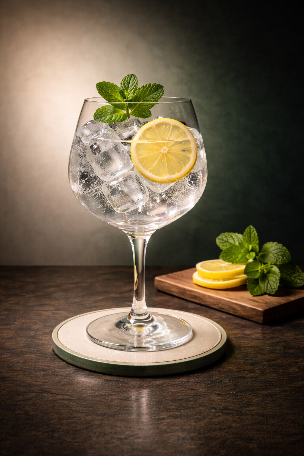 Wint & Lila London Dry Gin servi avec Thomas Henry Elderflower Tonic, agrémenté de Fresh mint sprig et Thin lemon wheel