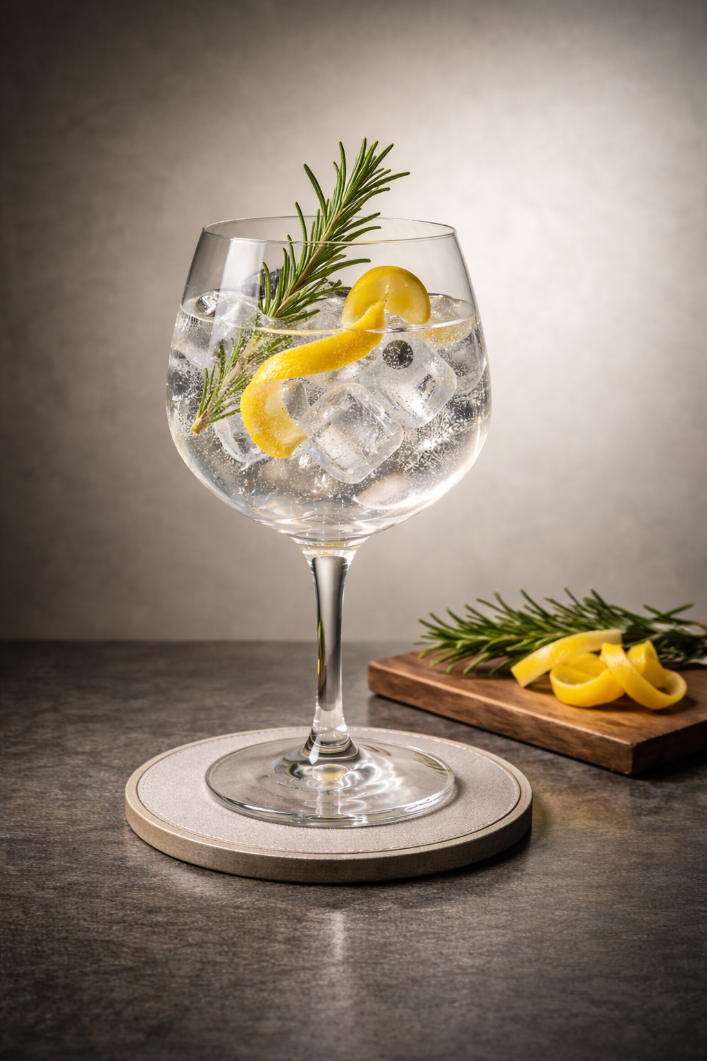 Windspiel Premium Dry Gin served with Thomas Henry Elderflower Tonic, garnished with Fresh rosemary sprig and Lemon peel twist