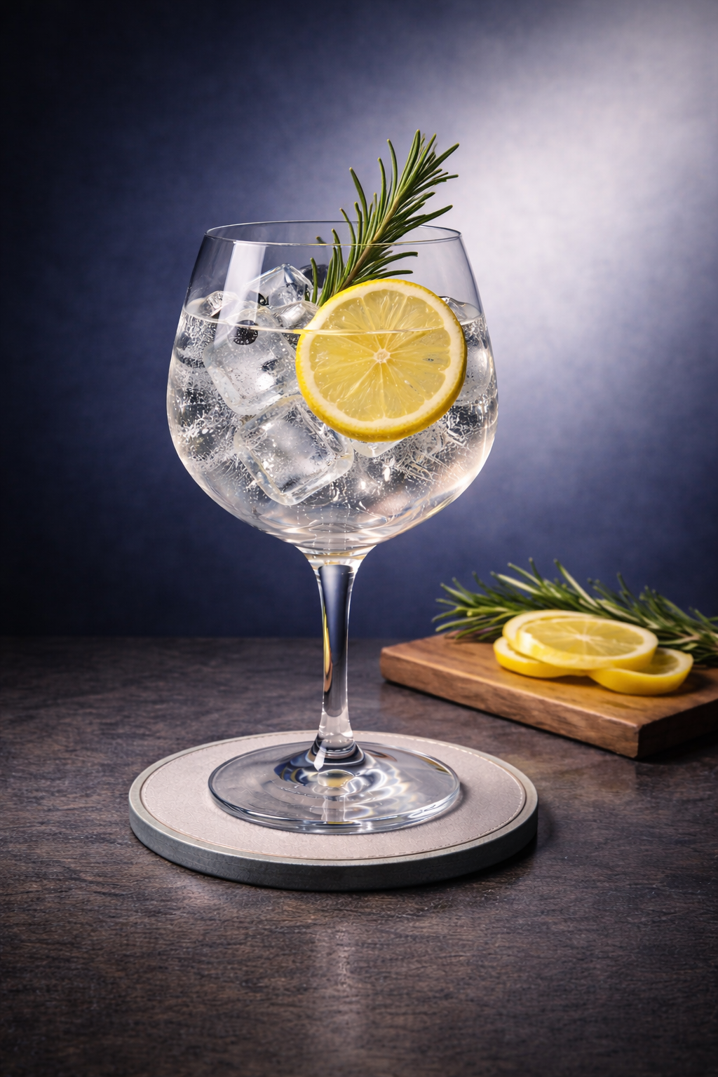 Blue Ribbon Gin served with Thomas Henry Elderflower Tonic, garnished with Lemon wheel and Fresh rosemary sprig