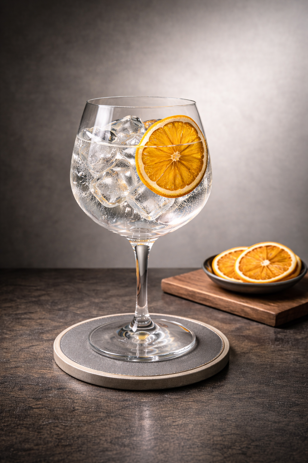 Alibi Gin served with East Imperial Burma Tonic Water, garnished with thin slice of dehydrated orange