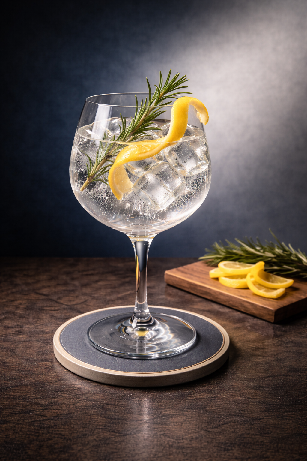Bleu D'Argent servi avec Thomas Henry Elderflower Tonic, agrémenté de Fresh rosemary sprig et Lemon twist