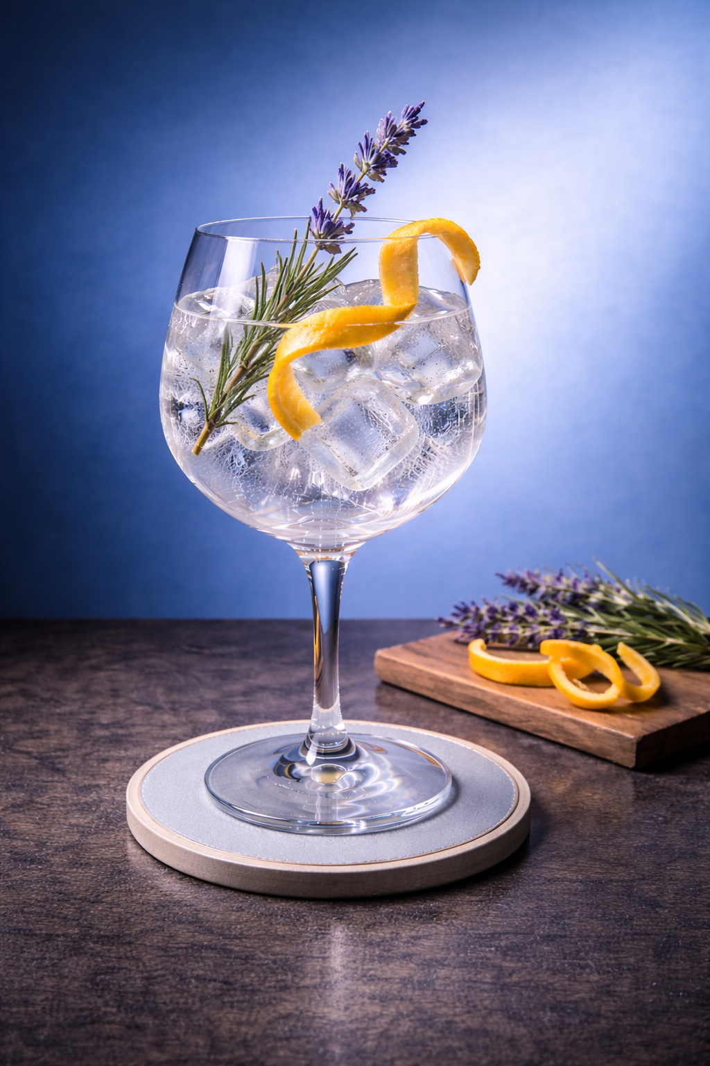 Belle Rive Gin served with Thomas Henry Cherry Blossom Tonic, garnished with Fresh lavender sprig and Orange peel twist