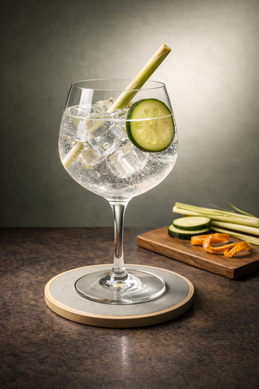 Awen Nature - Gin Mist served with Thomas Henry Elderflower Tonic, garnished with Fresh lemongrass stalk, bruised and Cucumber slice