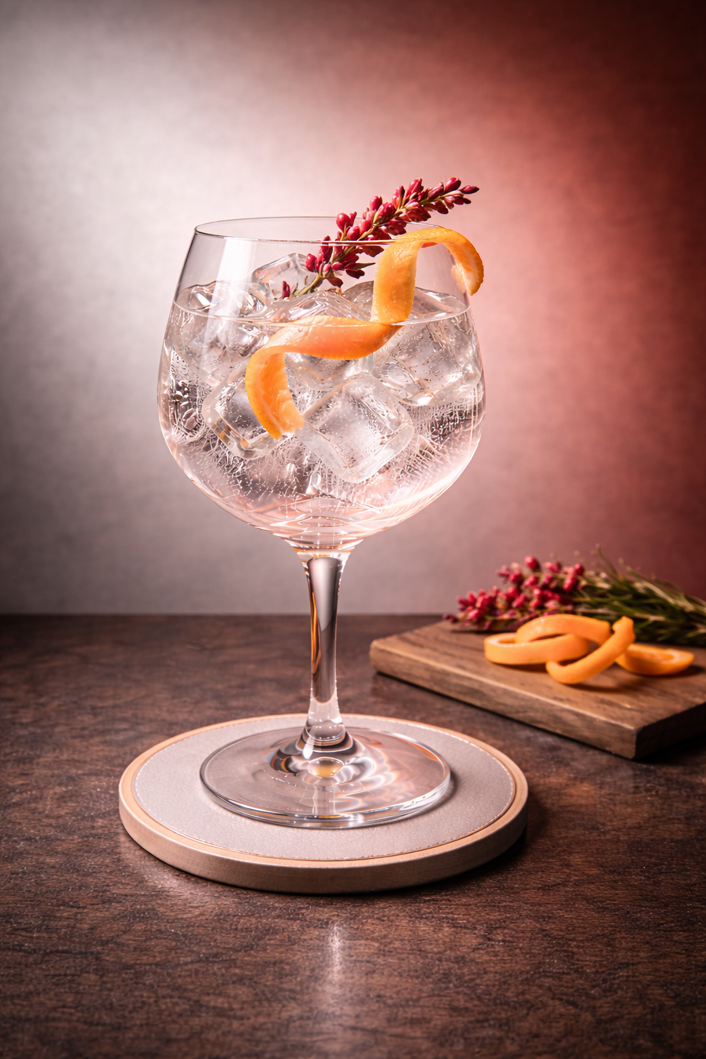 Audemus Pink Pepper Gin servi avec Thomas Henry Aromatic Tonic Water, agrémenté de Fresh pink peppercorn cluster et Grapefruit twist