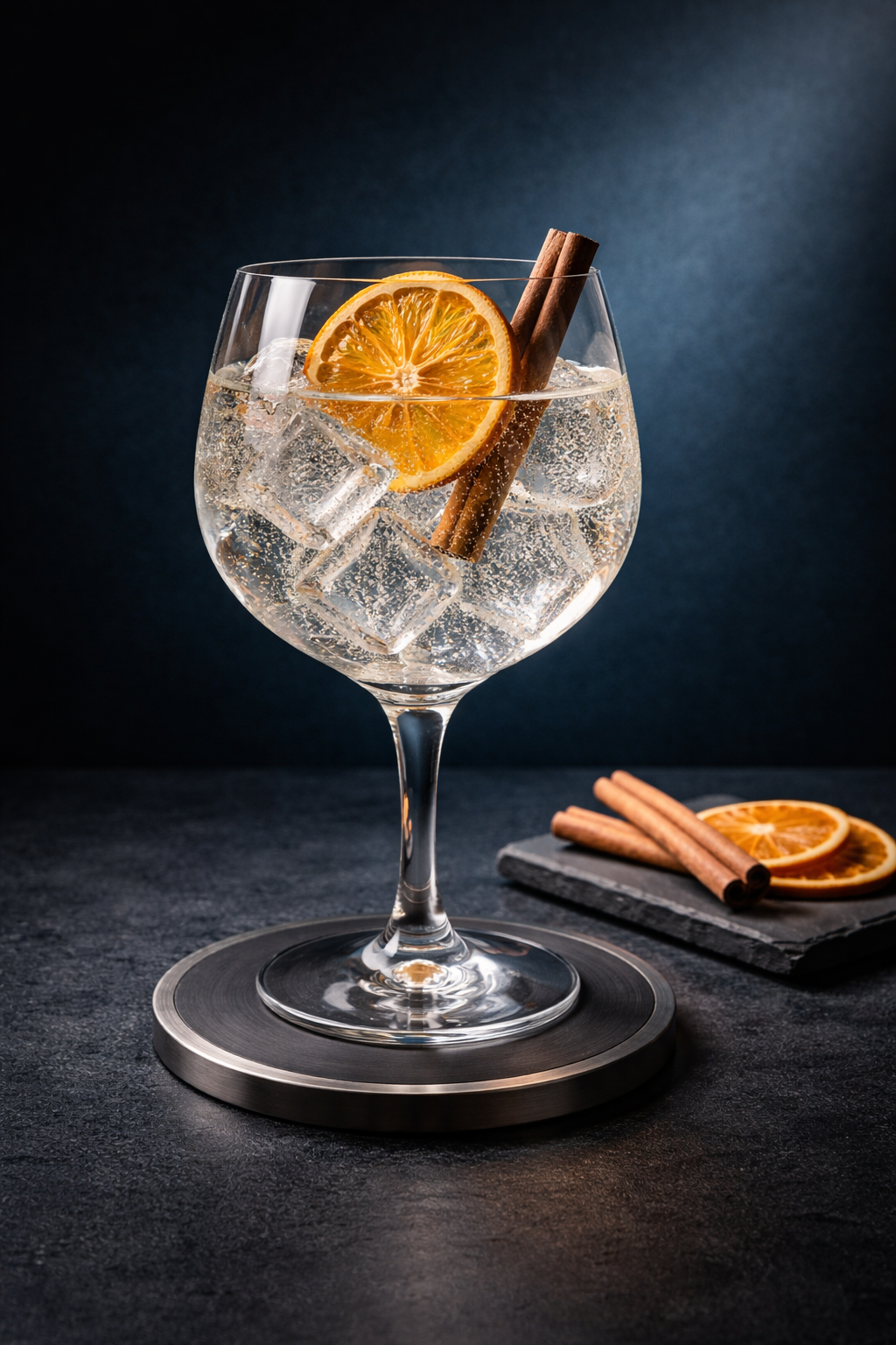 Defiance Gin served with Double Dutch Indian Tonic Water, garnished with dehydrated orange wheel and cinnamon stick