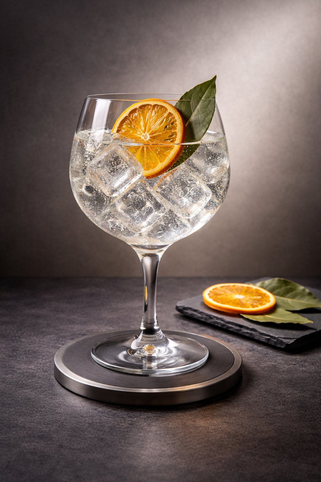 Bond Street London Dry Gin served with East Imperial Burma Tonic Water, garnished with thin slice of dehydrated orange and lightly bruised bay leaf