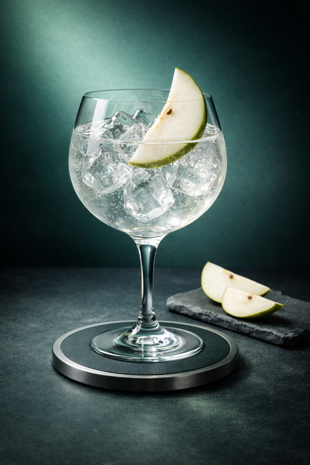 Perfect Serve du gin Luperiaal avec tonic elderflower et tranche de poire