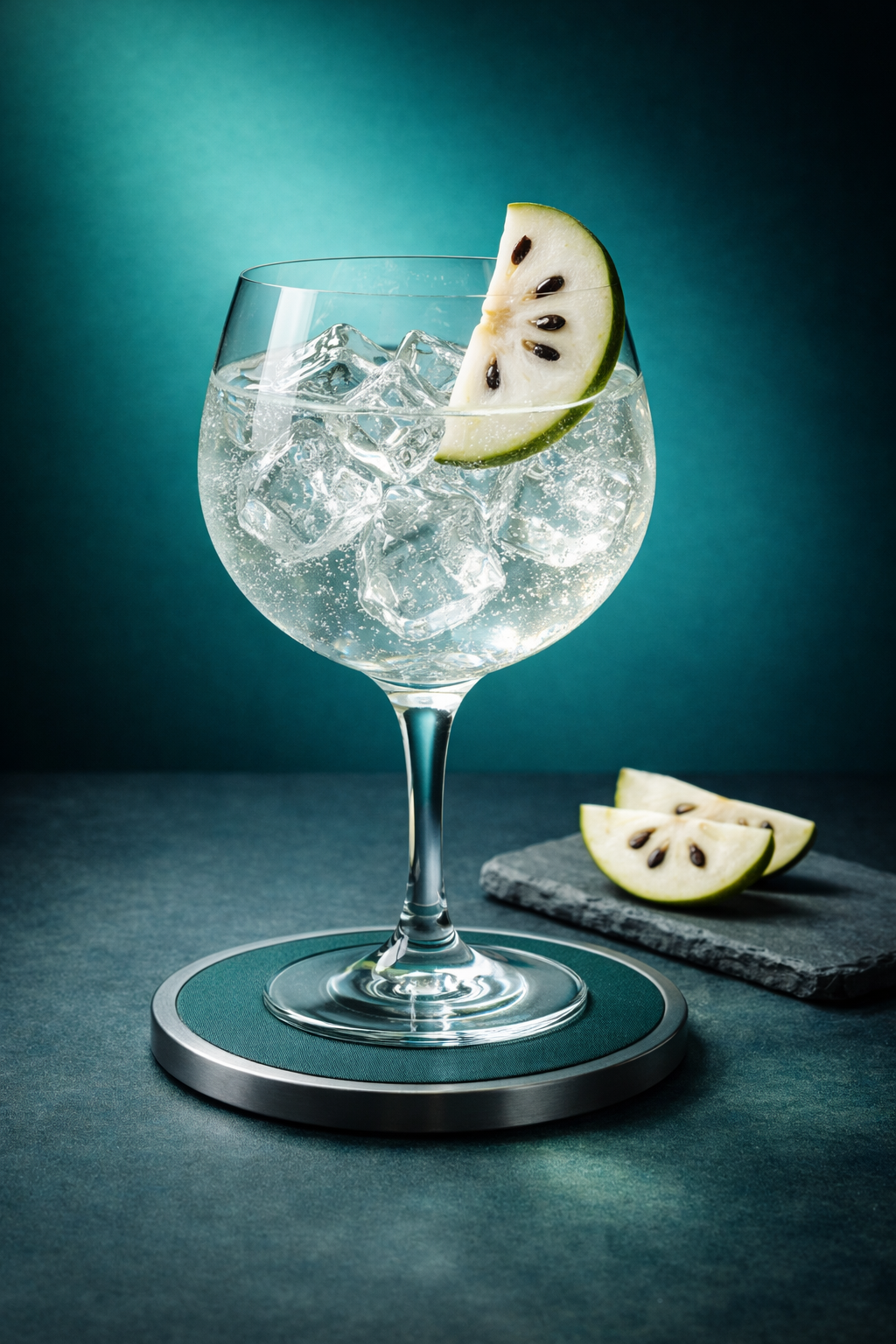 Amuerte Gin - Light Blue 43 Edition 2026 served with Le Tribute Tonic Water, garnished with Thin slice of fresh cherimoya