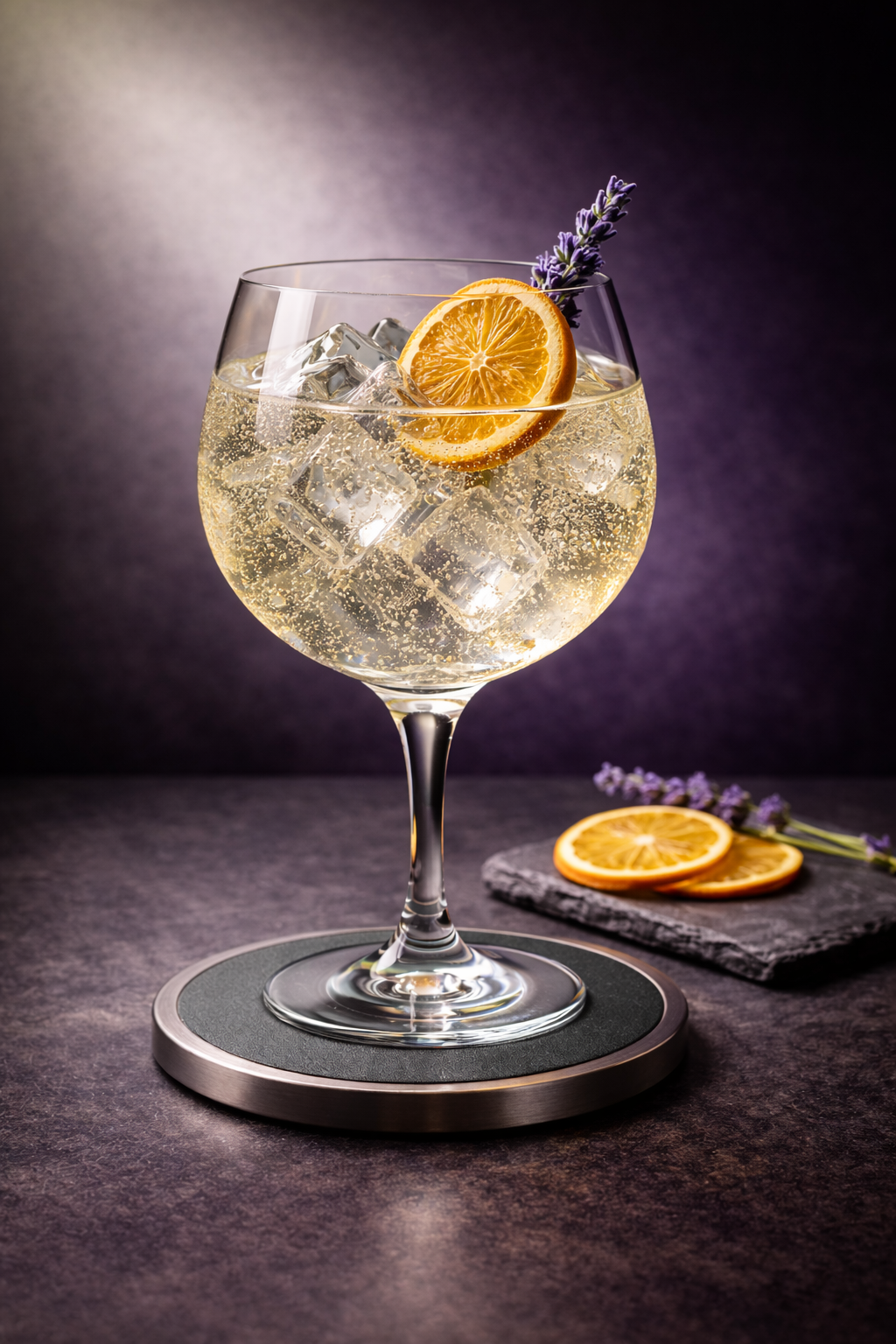 Krokos Gin - 37,5% vol served with Fentimans Valencian Orange Tonic Water, garnished with thin slice of dehydrated orange and sprig of fresh lavender