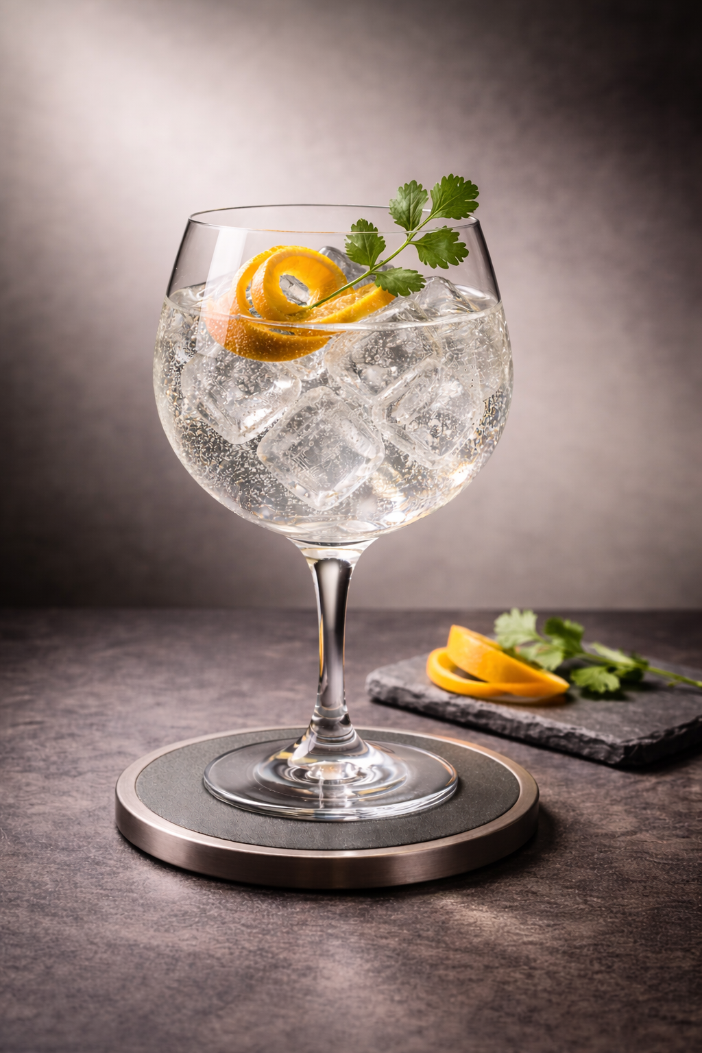 Gin d'Mons Original served with 1724 Tonic Water, garnished with Orange peel and Coriander sprig