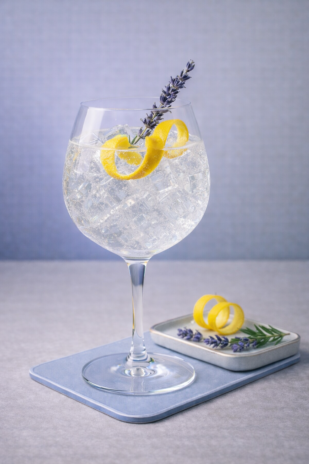Aduro Superior Gin served with Thomas Henry Mediterranean Tonic Water, garnished with Sicilian Lemon Twist and Fresh Lavender Sprig