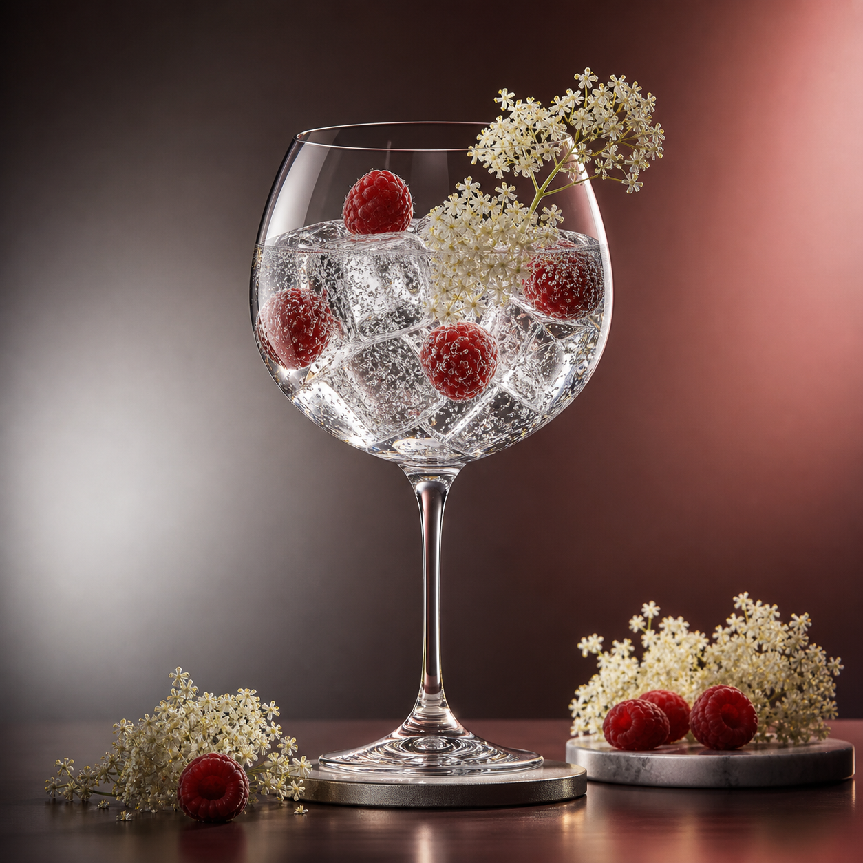 Gin de Chimay Lou served with Fentimans Elderflower Tonic Water, garnished with fresh raspberry and elderflower sprig