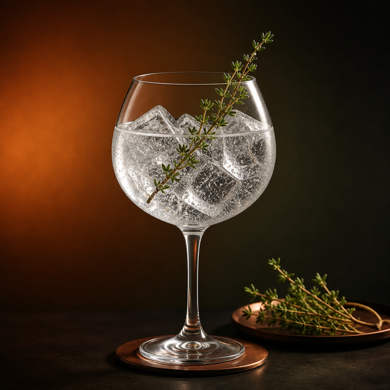 Gin de Chimay Jules served with Fentimans Premium Indian Tonic Water, garnished with Fresh thyme sprig, lightly bruised