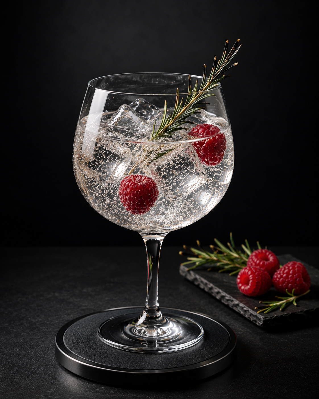 Double You Gin Diamond Edition served with Fever-Tree Mediterranean Tonic Water, garnished with Lightly singed rosemary sprig and Fresh raspberries