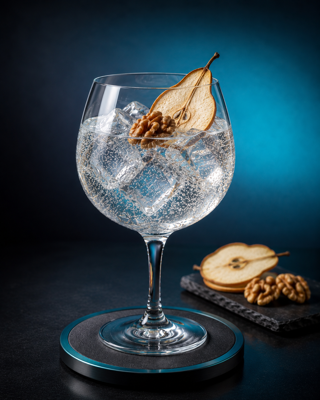 1128 London Dry Gin served with Fentimans Valencian Orange Tonic Water, garnished with dehydrated pear slice and lightly toasted walnut half
