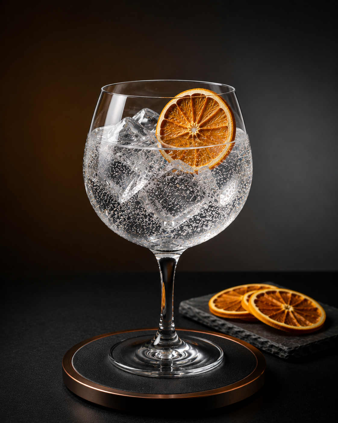 Del Professore À La Madame Gin servi avec Fever-Tree Mediterranean Tonic Water, agrémenté de thin slice of dehydrated orange