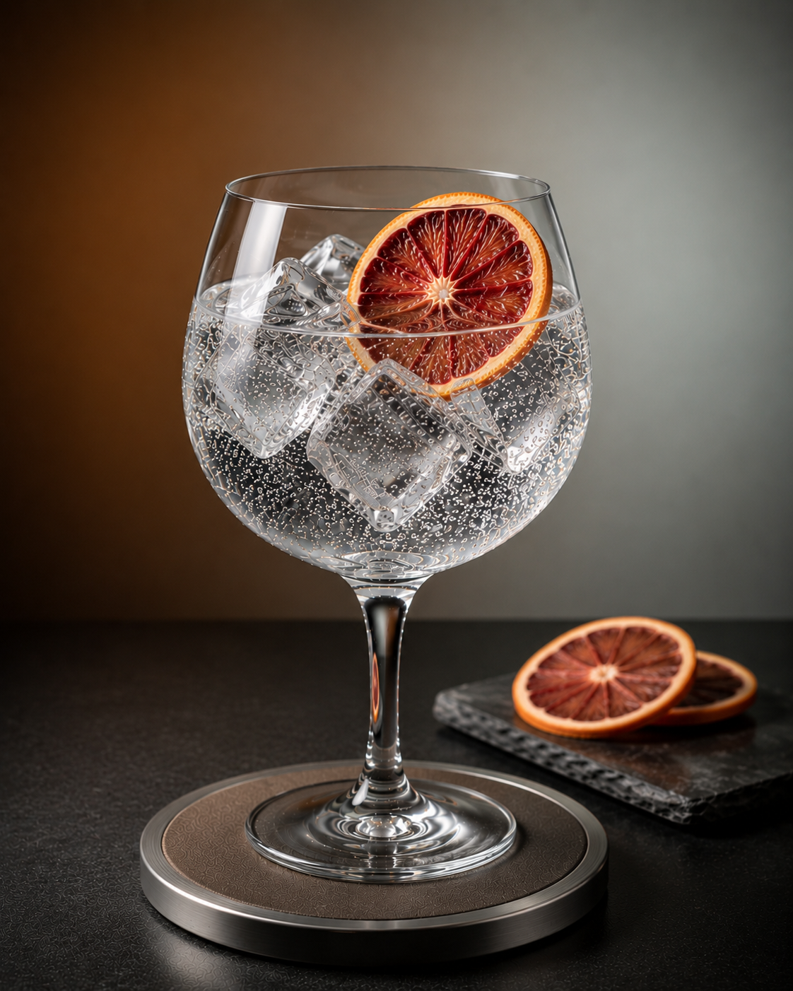VII Hills Italian Dry Gin served with Fentimans Herbal Tonic Water, garnished with Thin slice of blood orange