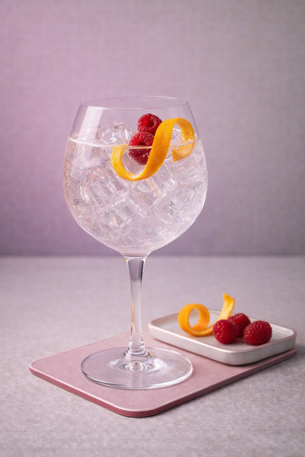 Alqueva Pink Premium Gin served with Thomas Henry Mediterranean Tonic Water, garnished with Orange zest and Fresh raspberry (optional)