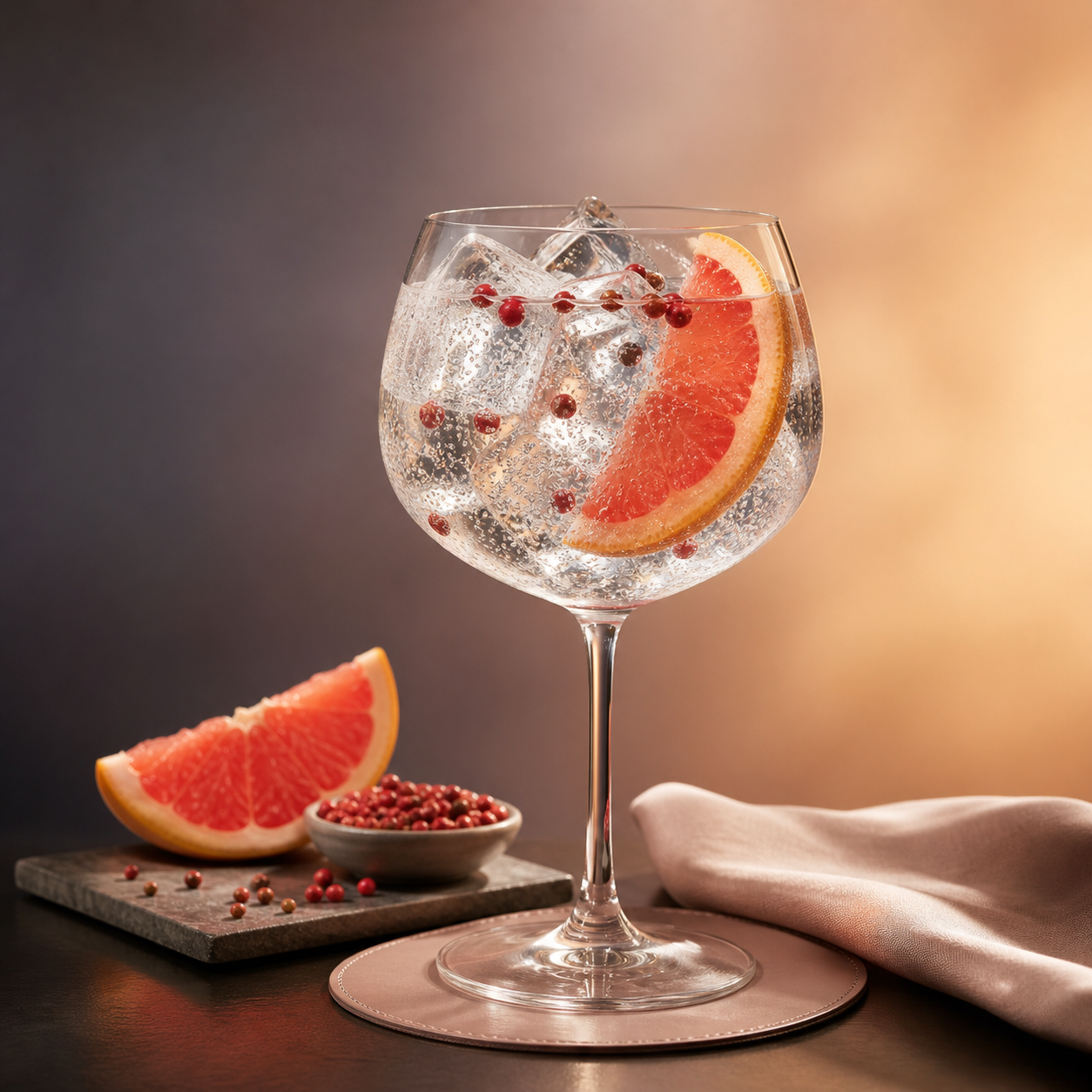 Canaïma Gin served with Thomas Henry Grapefruit Tonic Water, garnished with Thin slice of fresh grapefruit and Pink peppercorns