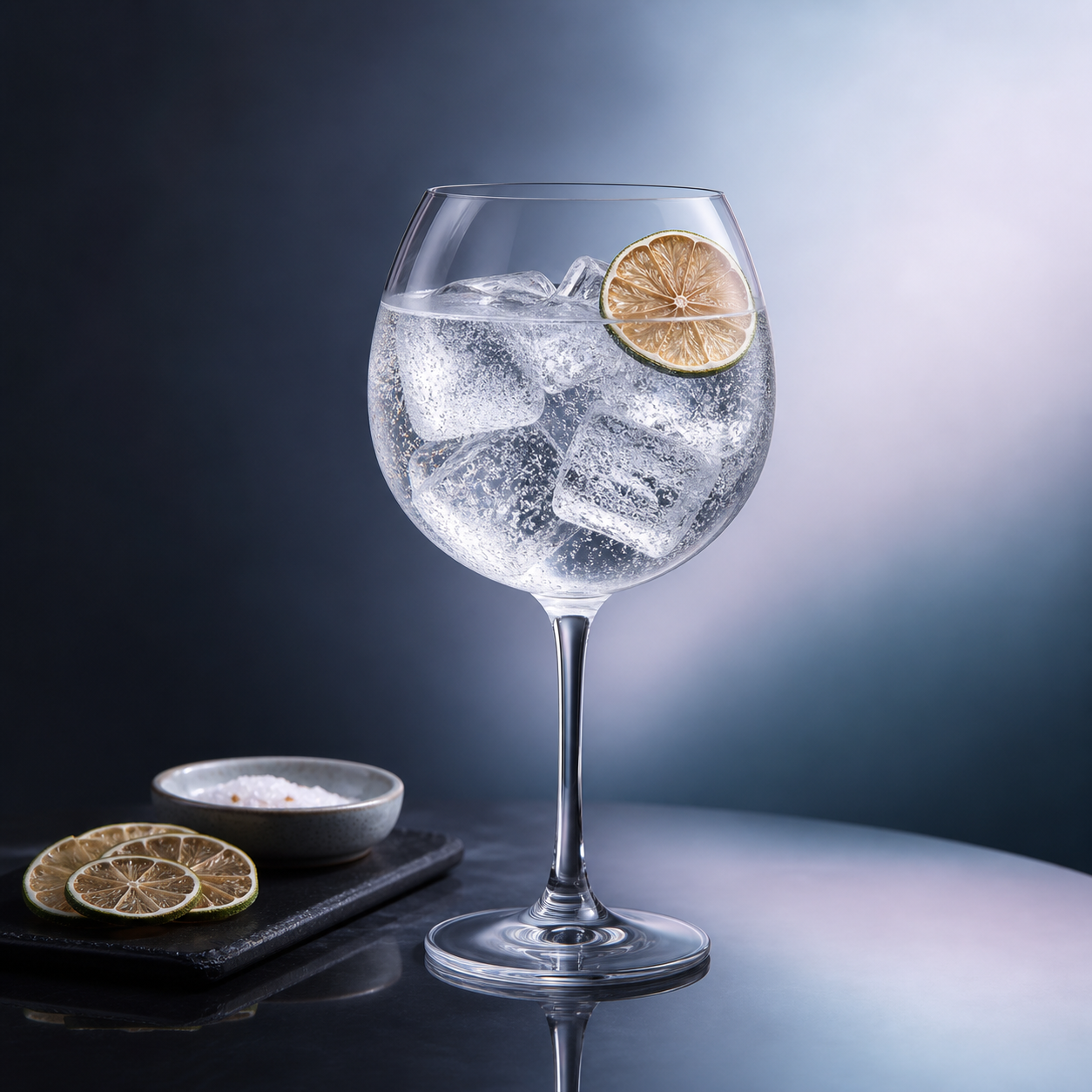 Procera Blue Dot Gin served with Fever-Tree Mediterranean Tonic Water, garnished with Dehydrated Swahili lime wheel and Botanical salt