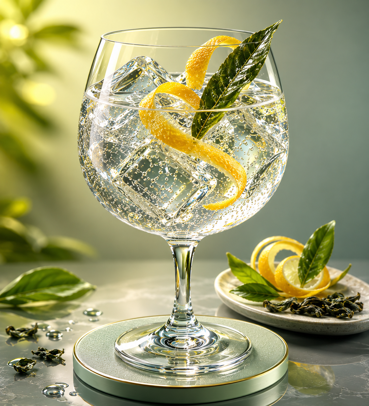 Setouchi Craft Gin Setouchi Lemon servi avec East Imperial Yuzu Tonic, agrémenté de Thin strip of lemon peel et Lightly bruised green tea leaf
