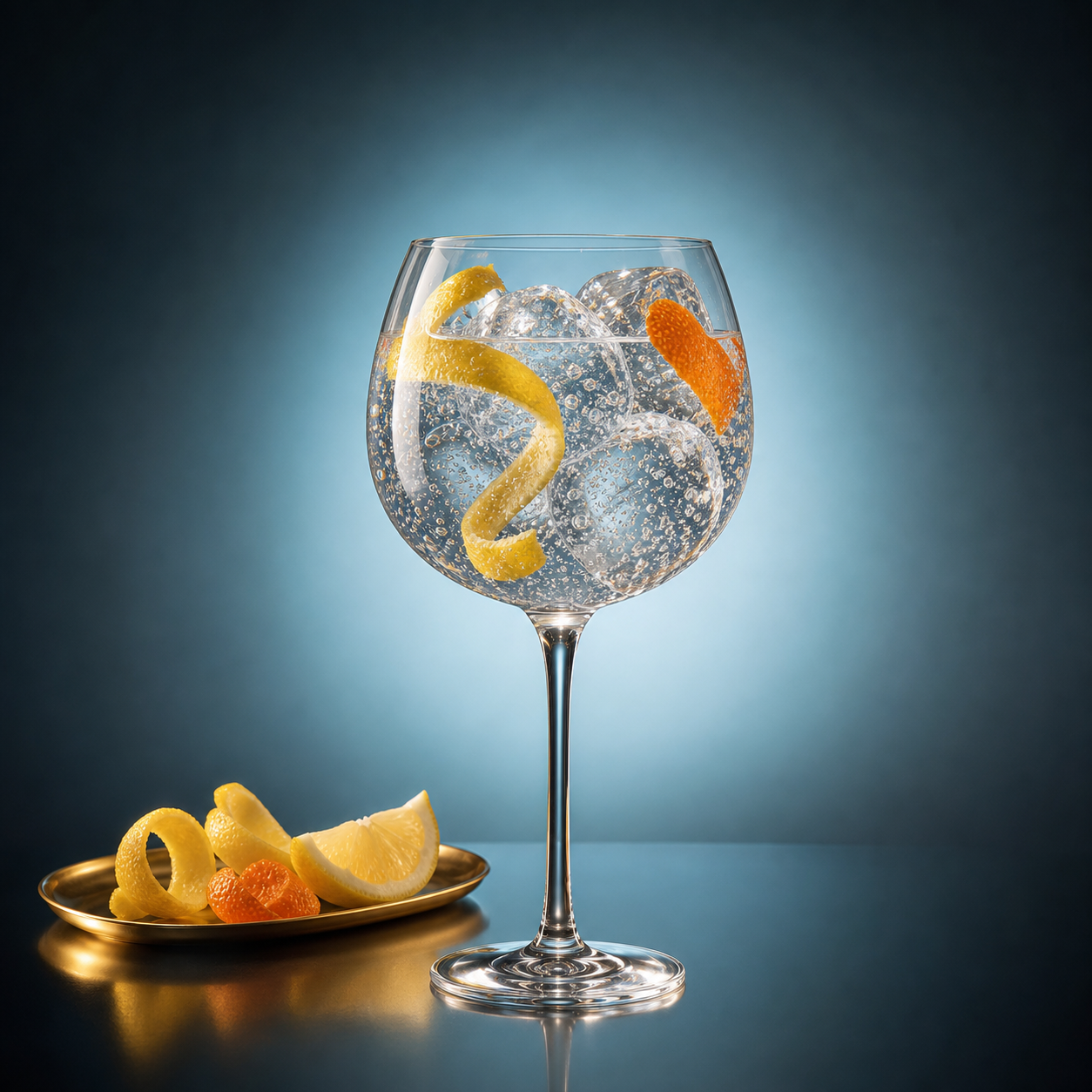 Bombay Sapphire Premier Cru Murcian Lemon servi avec Fever-Tree Mediterranean Tonic Water, agrémenté de fresh lemon peel et mandarin peel
