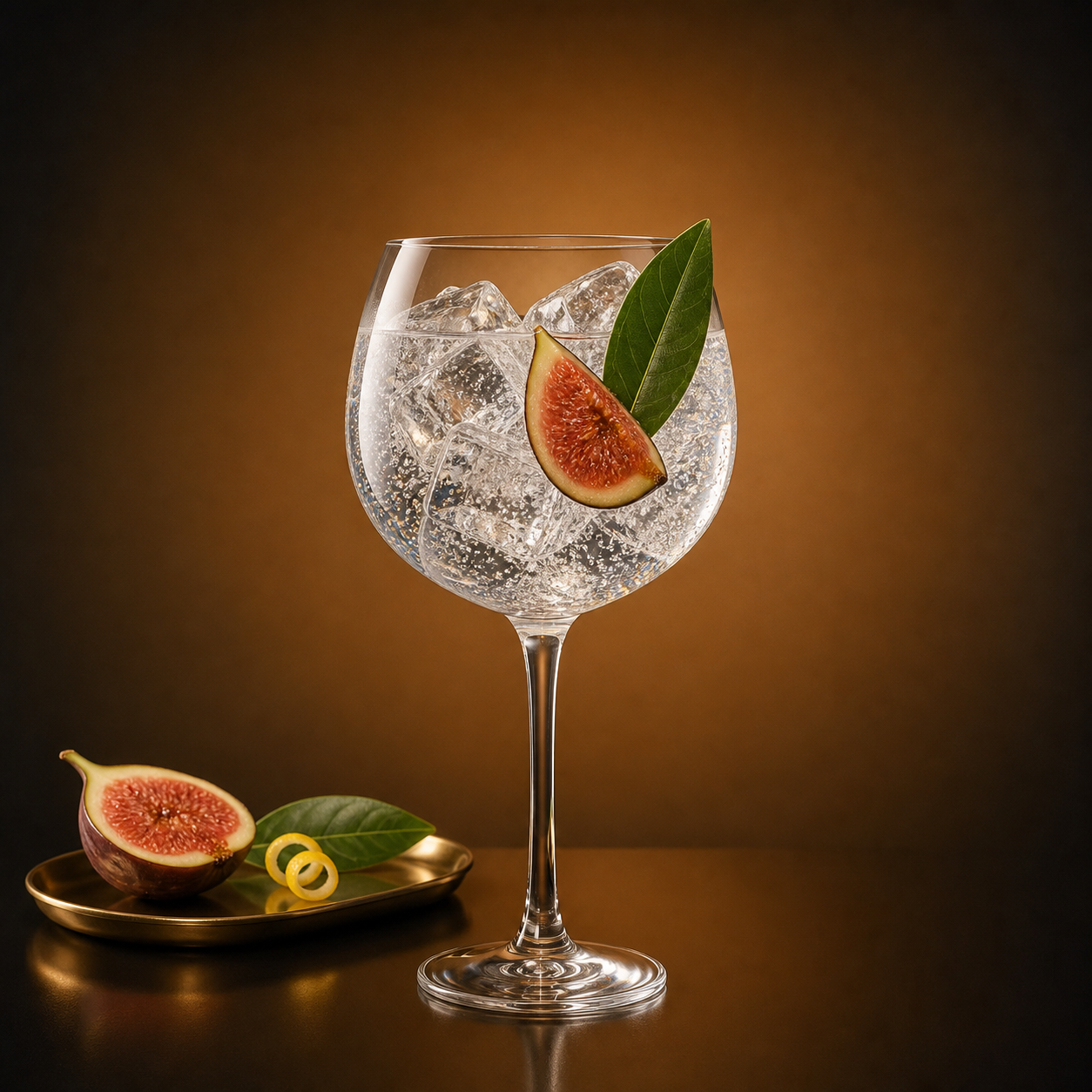 Gunpowder Irish Gin with Italian Fig & Laurel served with Fever-Tree Mediterranean Tonic Water, garnished with fresh fig wedge and bay leaf