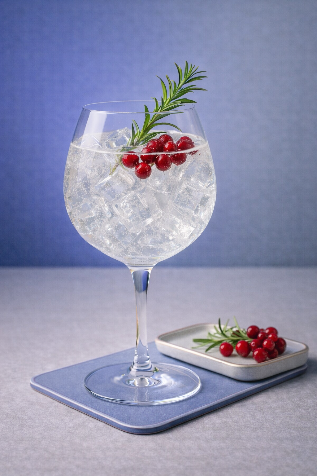Bivrost Arctic Gin servi avec East Imperial Yuzu Tonic Water, agrémenté de Rosemary et Lingonberries