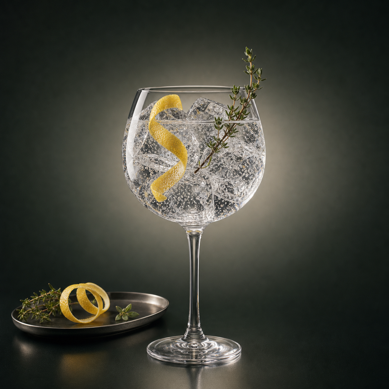 The Botanist Distiller's Strength served with East Imperial Burma Tonic Water, garnished with wild thyme sprig and lemon peel