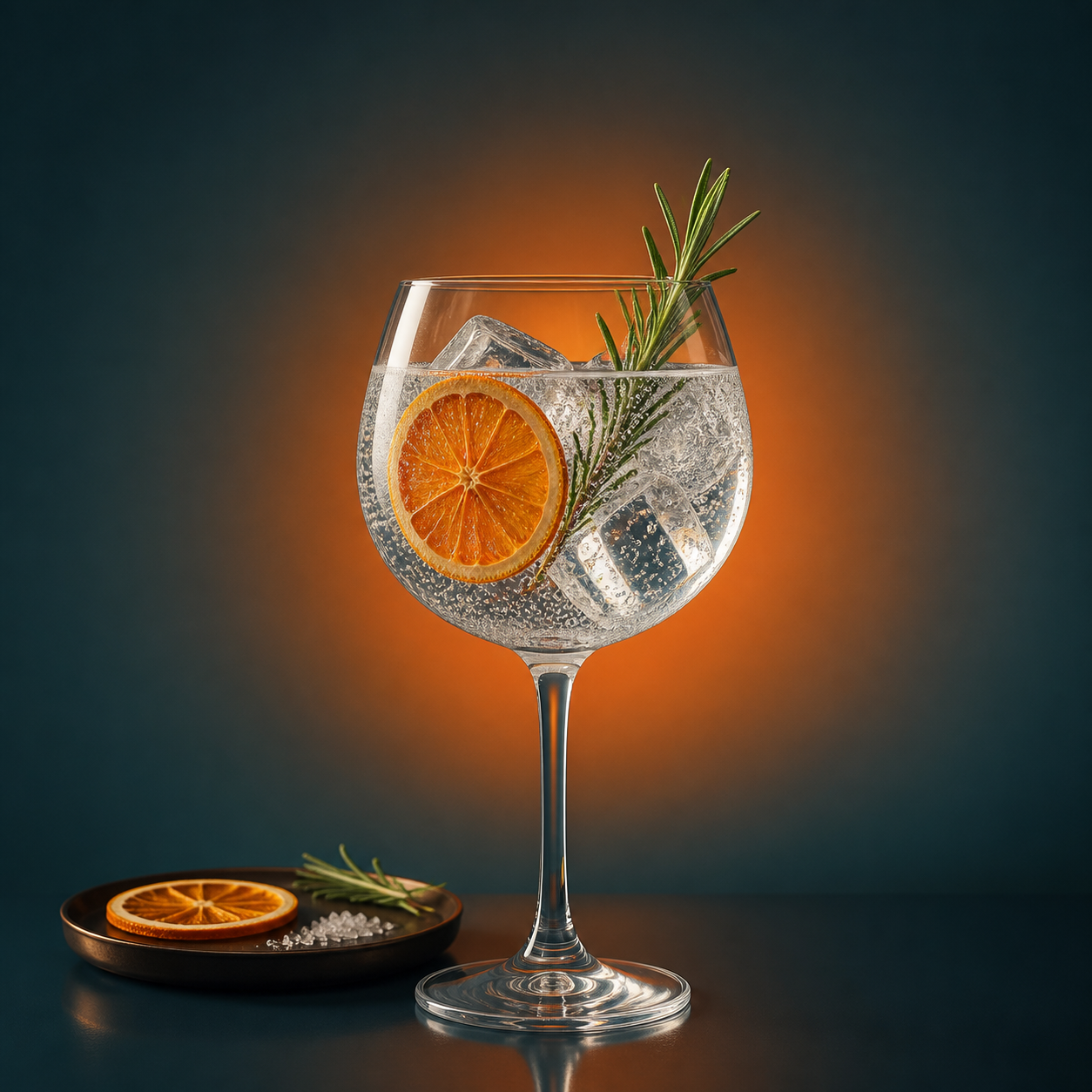 Dingle Gin Orange & Sea Salt served with Fever-Tree Mediterranean Tonic Water, garnished with dehydrated orange wheel and rosemary sprig
