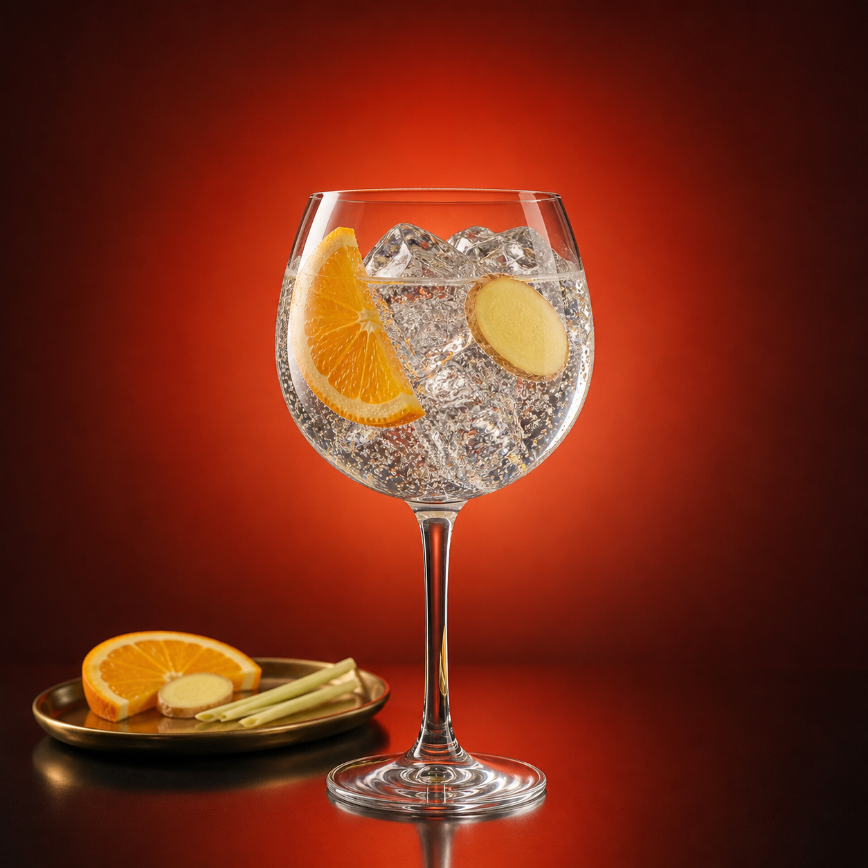 Greater Than served with Thomas Henry Tonic Water, garnished with fresh orange slice and thin ginger coin