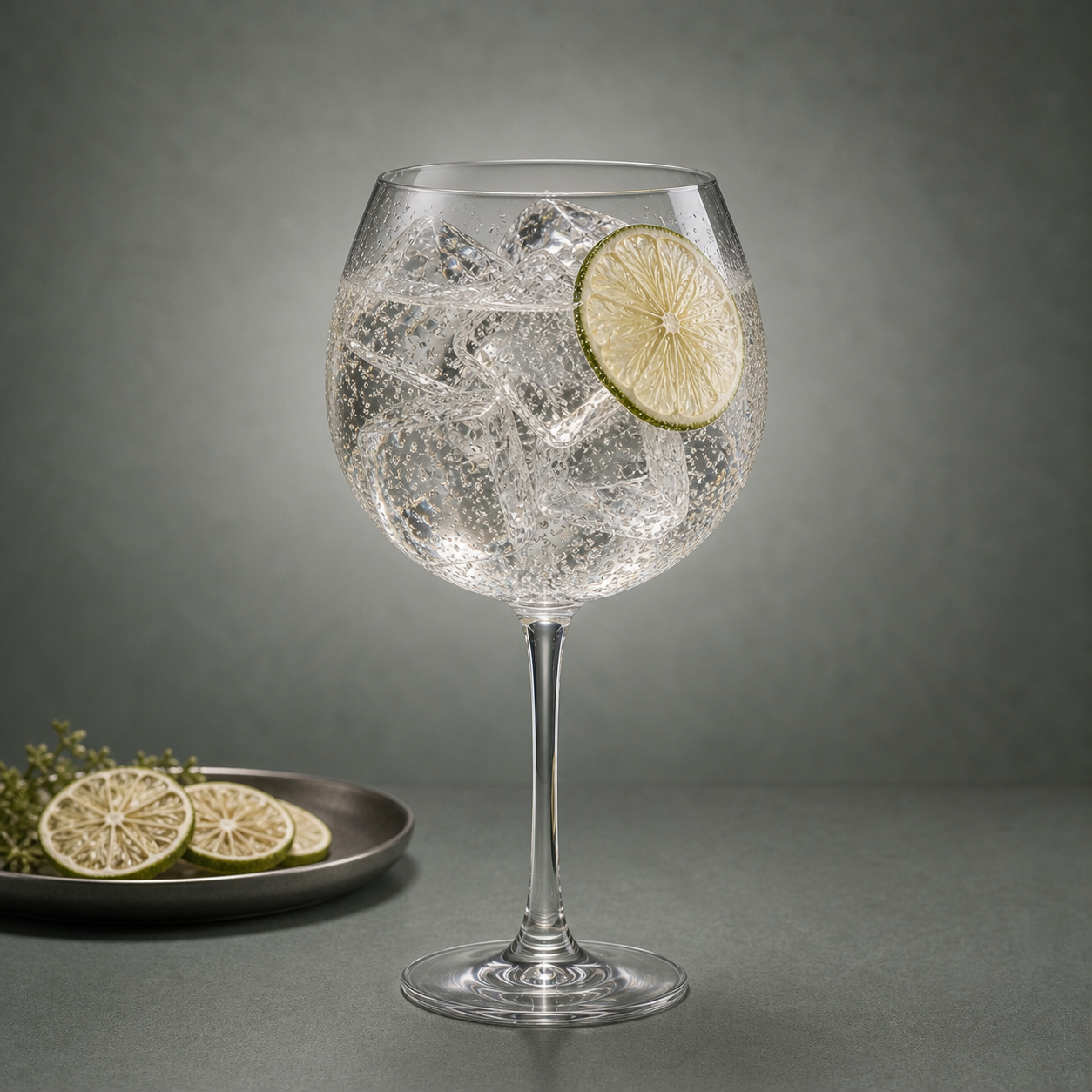Gray Whale Gin servi avec East Imperial Yuzu Tonic, agrémenté de Thin dehydrated lime wheel