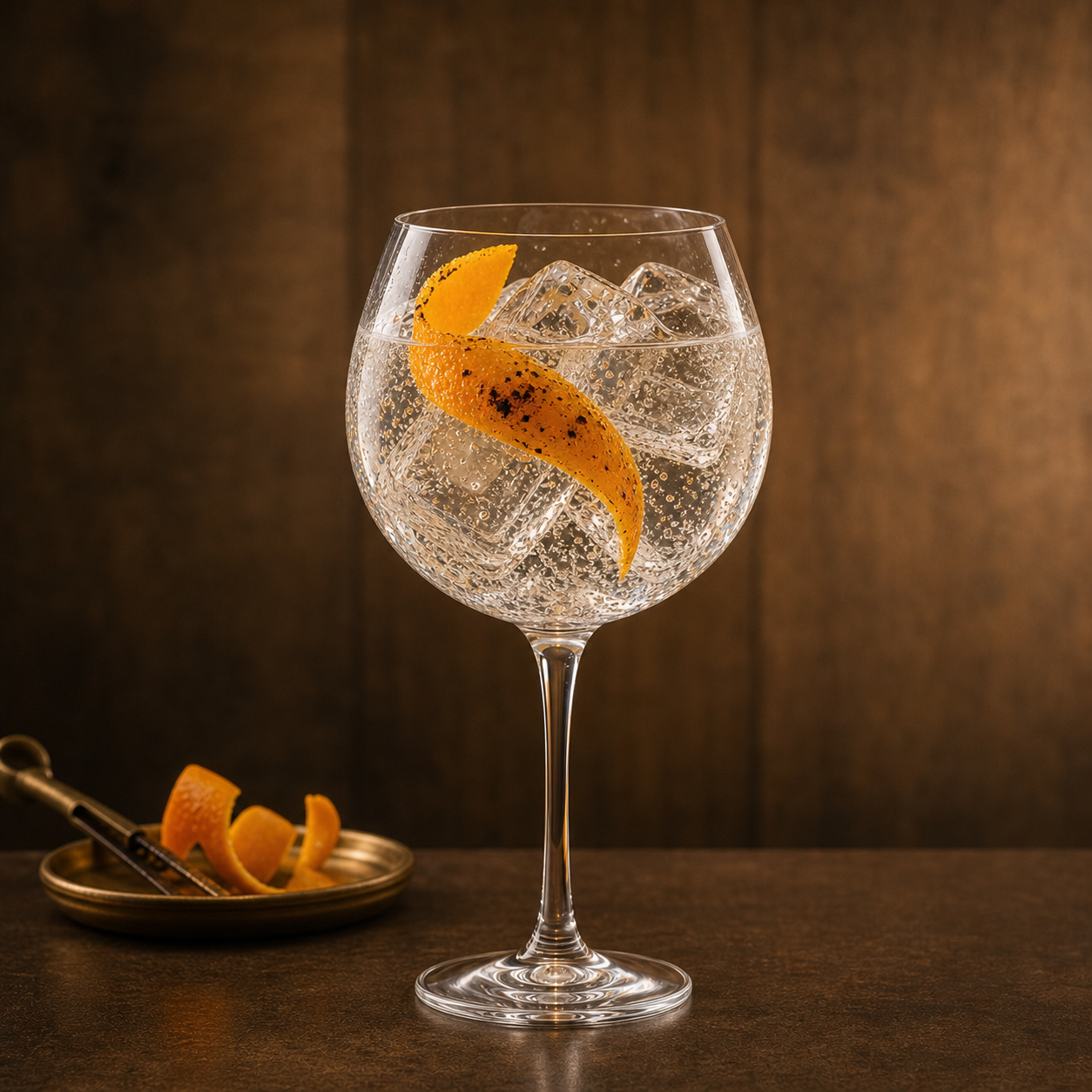Bathtub Gin Cask-Aged served with Gents Swiss Roots Tonic Water, garnished with flamed orange zest