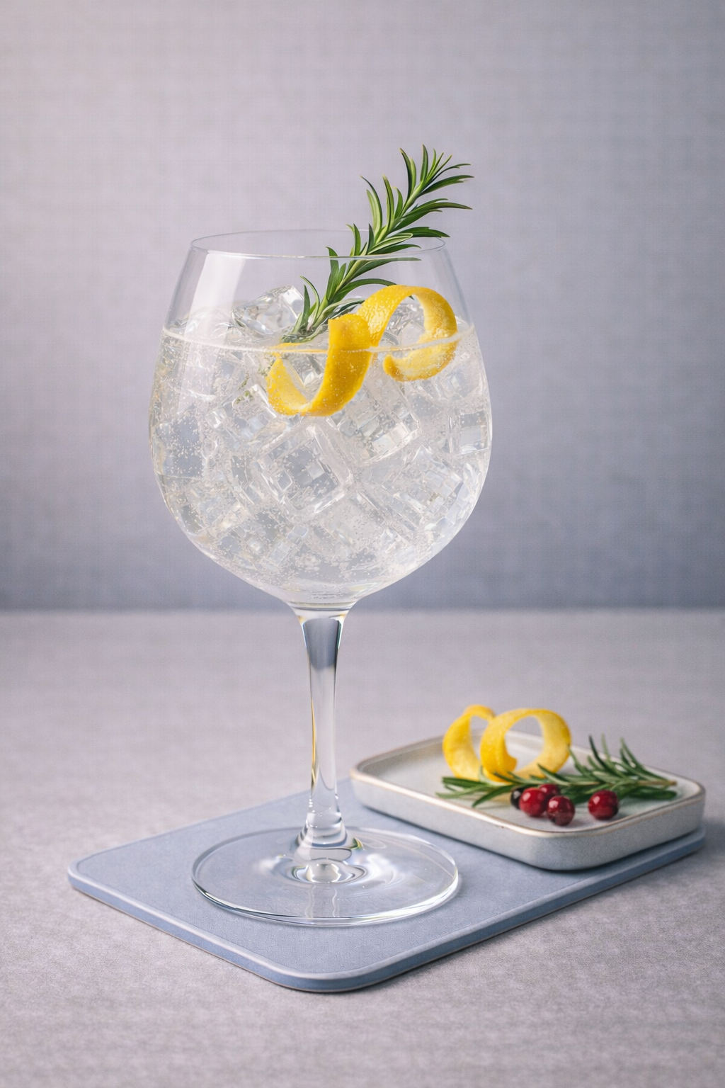 Black Pig Costa Alentejana Gin servi avec East Imperial Mediterranean Tonic Water, agrémenté de Alentejo Lemon Peel et Fresh Rosemary Sprig