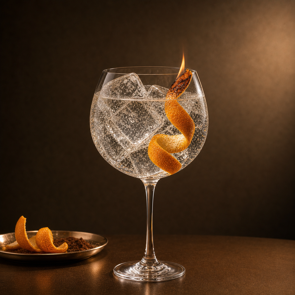 Jaffa Cake Gin servi avec Fever-Tree Mediterranean Tonic Water, agrémenté de flamed orange twist