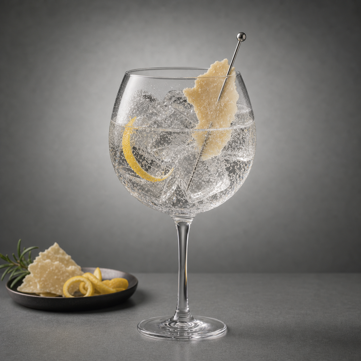 Umami Gin servi avec East Imperial Burma Tonic Water, agrémenté de Thin slice of Parmigiano-Reggiano