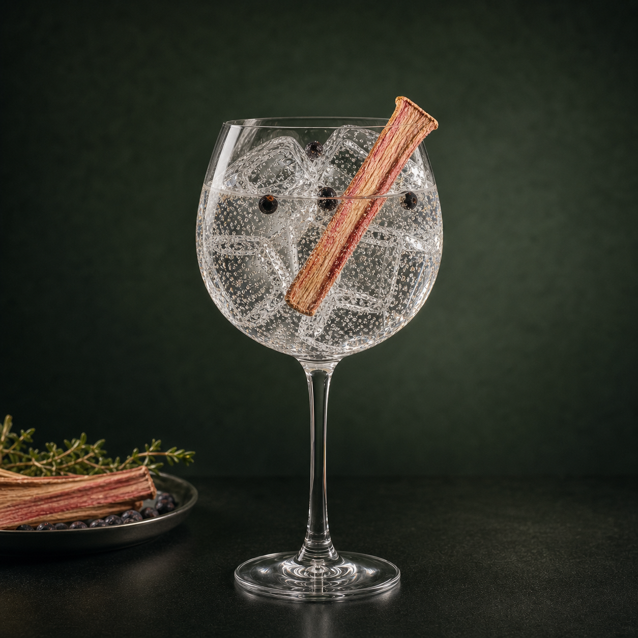 Bareksten Navy Strength Gin served with Fentimans Premium Indian Tonic Water, garnished with dehydrated rhubarb slice